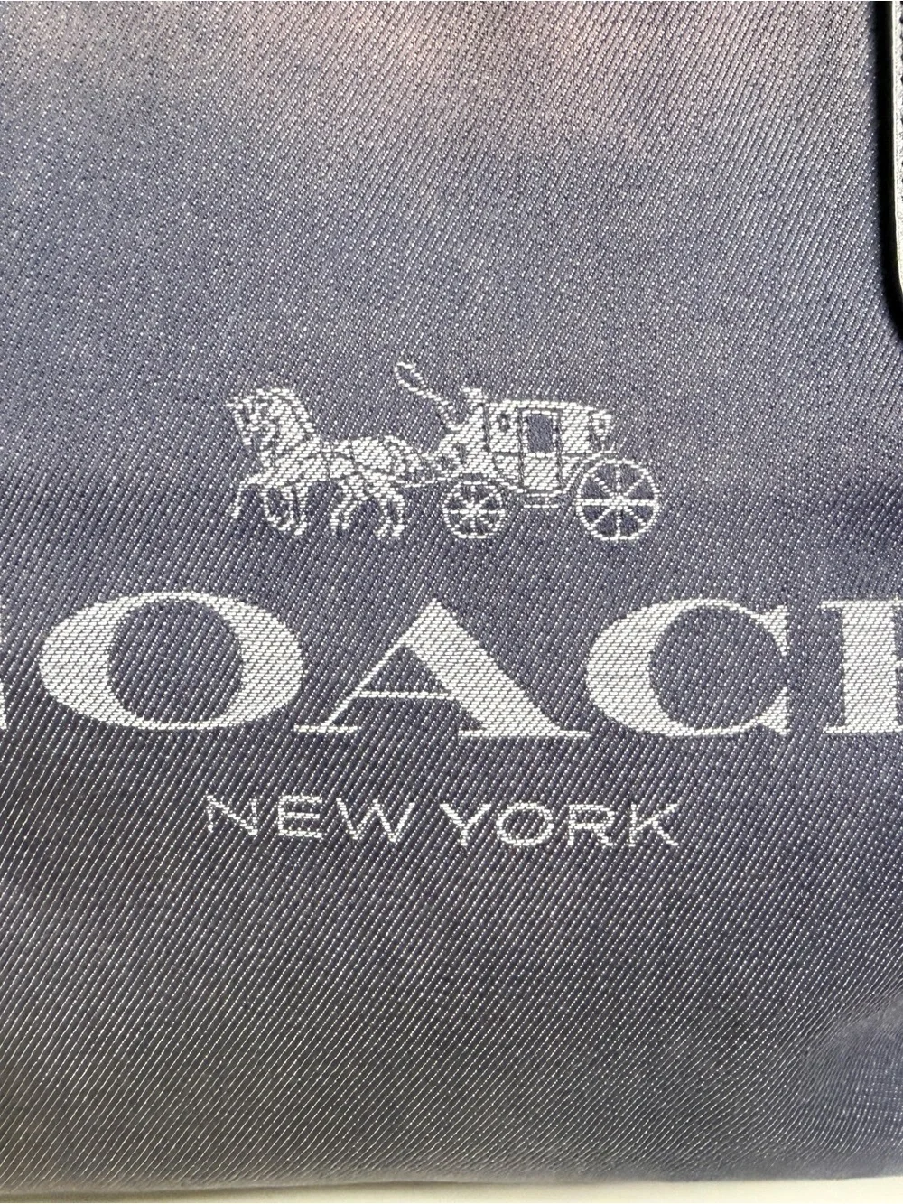 Coach Navy Canvas Tote with Brown-Trim Handles Flawed